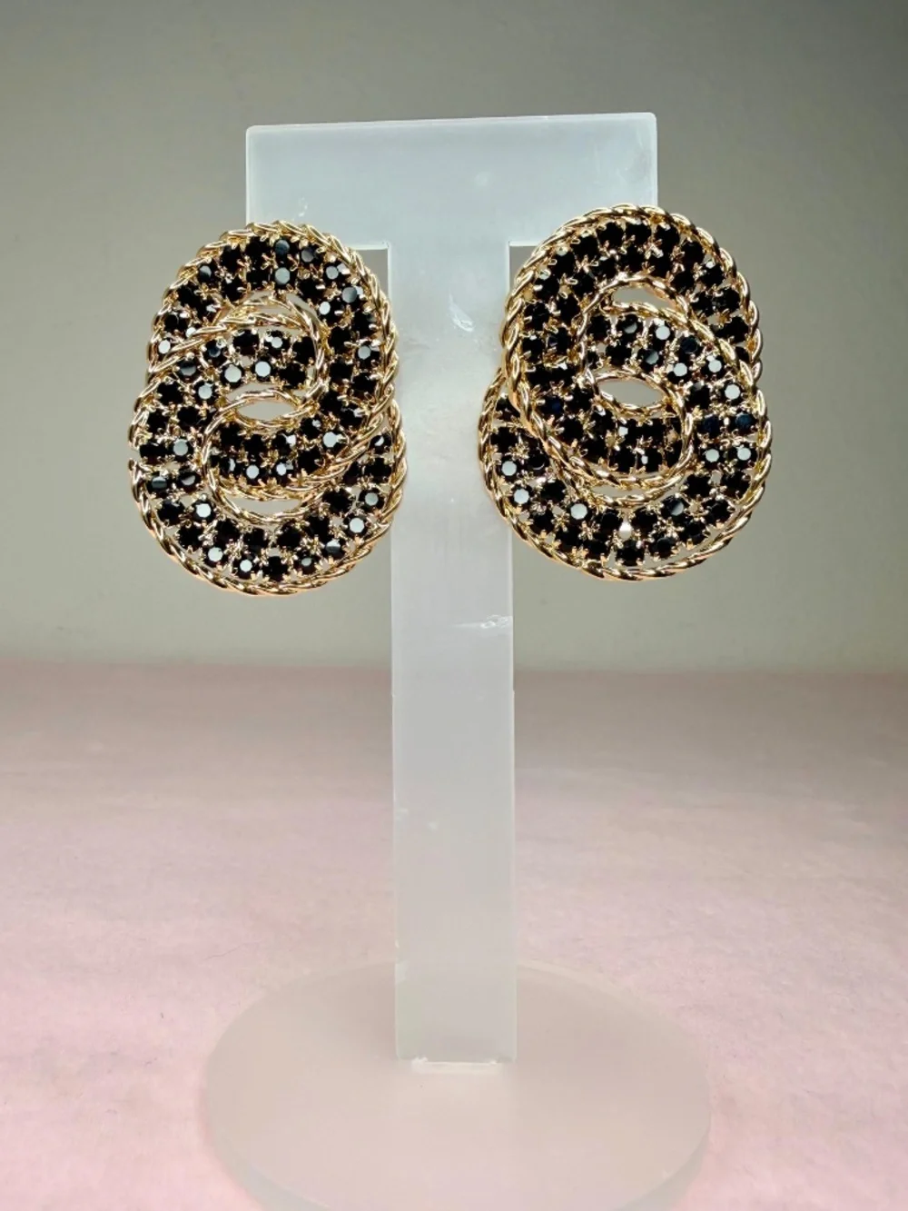 Statement Black Crystal Earrings Gold Tone Oval Stud Chunky Elegant Earrings